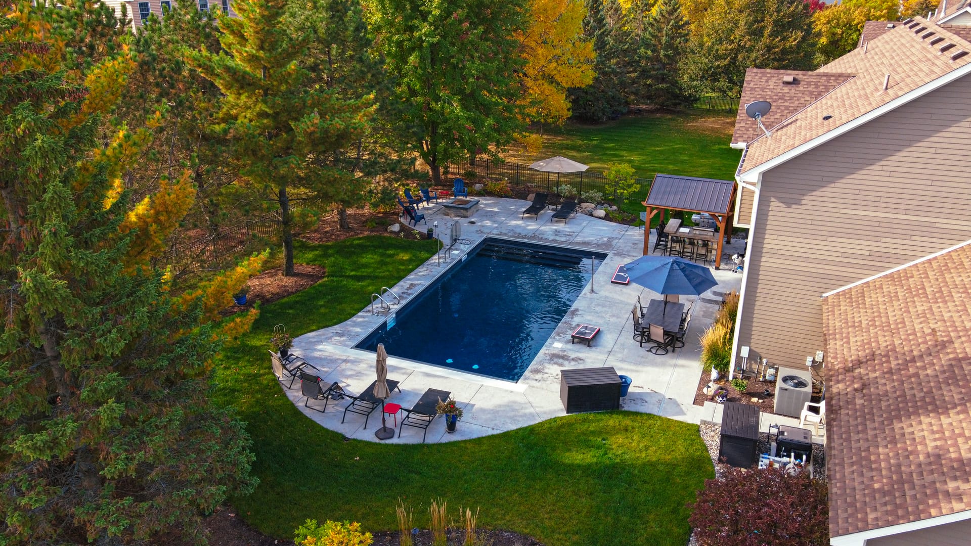 Drone shot of pool and landscaping